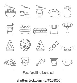Fast food line icons set. Collection fast food icons in thin line style.