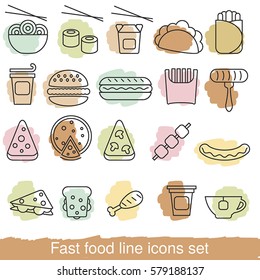 Fast food line icons set. Collection fast food icons in thin line style.