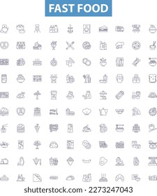 Fast food line icons, signs set. Burger, Taco, Fries, Pizza, Kebab, Sandwich, Hotdog, Takeaway, Donut outline vector illustrations.