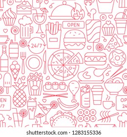 Fast Food Line Seamless Pattern. Vector Illustration of Outline Tileable Background.
