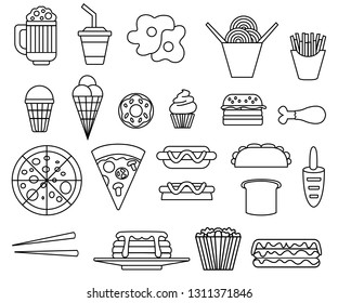 Fast food line style icon collection. Outline icon set. Unhealthy food, vector illustration isolated on white background.