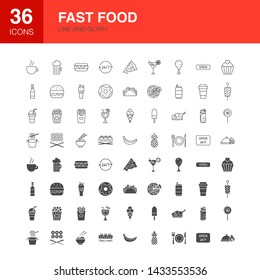 Fast Food Line Web Glyph Icons. Vector Illustration of Street Outline and Solid Symbols. 