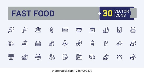 Fast Food linear icon collection. Featuring restaurant, bakery, hamburger, meal, fries, sausage, bread, french. Vector line and solid icons.