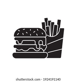 Fast food linear icon. Contour symbol. Takeout service. French fries and hamburger vector isolated outline drawing. Editable stroke
