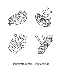 Fast food linear icons set. Pizza, french fries, chicken drumsticks, sushi. Fat dishes. Restaurant, cafe menu. Thin line contour symbols. Isolated vector outline illustrations. Editable stroke