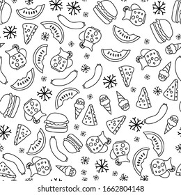 Fast food linear outline pattern. Hamburger, snacks and drinks.Vector illustration.
