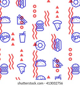 Fast Food Linear Outline Pattern. Print Texture. Fabric Design. Vector Illustration.