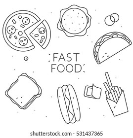 Fast food linear poster. junk food, thin line design. pizza, burger, taco, sandwich, hot dog, french fries. isolated vector illustration.