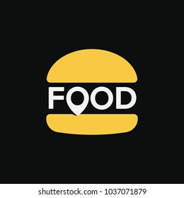 Fast food location logo, minimal stylized burger icon, abstract pin sign, vector illustration on black background. Food bar logotype template.