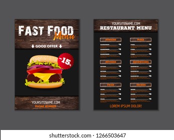 Fast food loft menu brochure design on wooden background vector template in A4 size. flyer, baner and Layout Design.