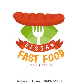 Fast food logo design, badge with sausage on a fork, fast food menu vector Illustration on a white background