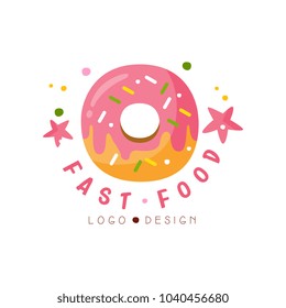 Fast food logo design, badge with glazed donut sign, fast food menu vector Illustration on a white background