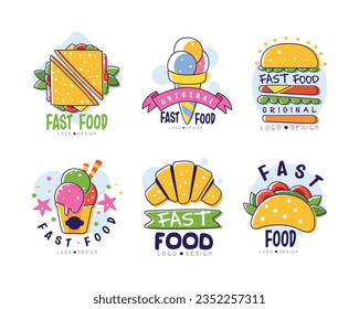 Fast Food Logo Design with Hamburger, Sandwich and Ice Cream Vector Set