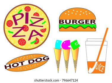 Fast food logo. Design label or sticer - burger, pizza, hot dog, ice cream, juice. Design template. Vector illustration.