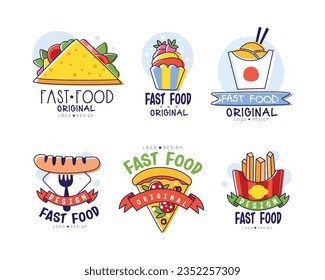 Fast Food Logo Design mit Pizza, Sandwich und Noodles Vector Set