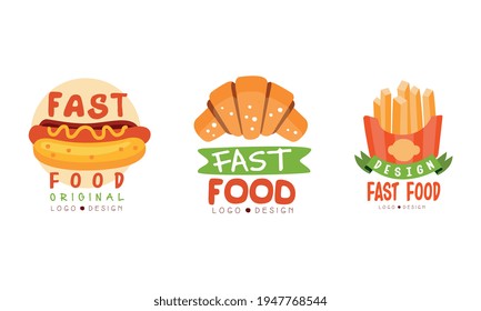 Fast Food Logo Design Set, Hot Dog, Croissant, French Fries Badges Cartoon Vector Illustration