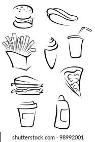 Fast food logo elements set in silhouette style. Vector illustration