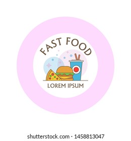 Fast food LOGO. Fast food hamburger dinner and restaurant, tasty set fast food many meal and unhealthy fast food classic nutrition in flat style.