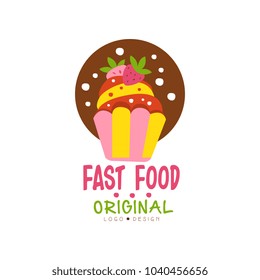 Fast food logo original design, badge with cupcake sign, fast food menu vector Illustration on a white background