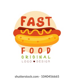 Fast food logo original design, badge with hot dog sign, fast food menu vector Illustration on a white background