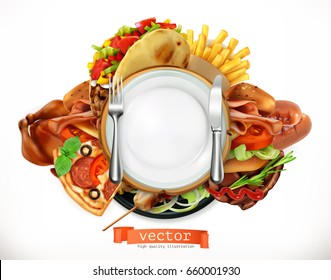 Fast food logo. Sandwich, steak, chicken, french fries, tacos, sausages, pizza. 3d vector icon, realism style