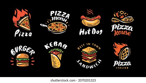 Fast food logo set. Badges for restaurant or cafe menu. Pizza, burger, kebab, sandwich, hot dog