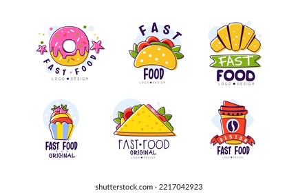 Fast food logo set. Cafe, restaurant, bar or bistro badges, labels cartoon vector illustration