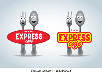 Fast food logo set, express cafe logo template. Fork and spoon cartoon characters, food theme logotype vector template.