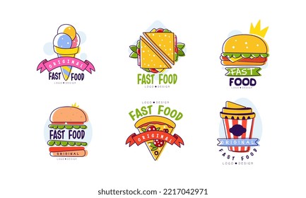 Fast Food Logo Set. Ice Cream, Sandwich, Pizza Badges, Labels For Cafe, Restaurant, Bar Or Bistro Cartoon Vector Illustration