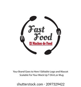 Fastfood-Logo mit Löffel und Gabel auf sauberem, weißem Hintergrund. Einfaches und professionelles Logo