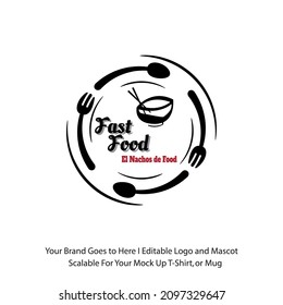 Logo de comida rápida con cuchara y tenedor sobre fondo blanco limpio. Logo simple y profesional