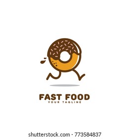 Fast food logo template design with a running donut. Vector illustration.