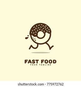 Fast food logo template design with a running donut in outline style. Vector illustration.