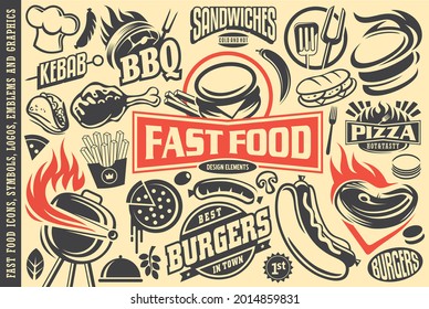 Fast food logos and emblems. Burger, pizza,hot dog, steak, grill, french fries, sandwich logo elements, symbols and vector icons.