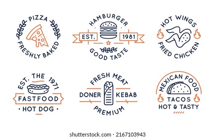 Fast food logos, labels, icons. Collection of 6 fast food logotypes designed for food establishments. Pizza, fried chicken, hot dog, kebab, burgers and tacos logos. Vector illustration. 