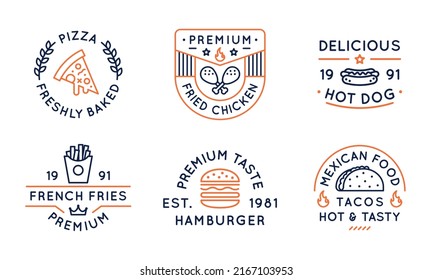 Fast food logos, labels, icons. Collection of 6 fast food logotypes designed for food establishments. Pizza, fried chicken, hot dog, fries, burgers and tacos logos. Vector illustration. 