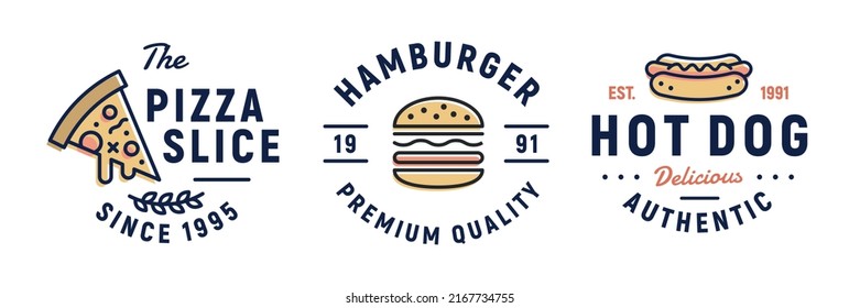 Fast food logos, labels, icons. Collection of 3 fast food logotypes designed for food establishments. Pizza, hot dog, and burgers logos. Vector illustration. 