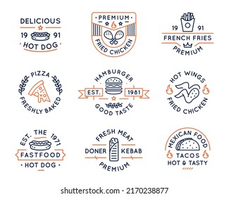 Fast food logos, labels, icons. Collection of 9 fast food logotypes designed for food establishments. Pizza, fried chicken, hot dog, kebab, burgers, kebab and tacos logos. Vector illustration. 