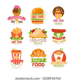 Fast food logos set, burger, cupcake, pizza, french fries, croissant, sausage, sandwich, ice cream cone vector Illustrations