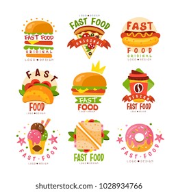 Fast food logos set, food and drink menu, burger, hot dog, pizza, taco, coffee, donut, sandwich, ice cream cone vector Illustrations