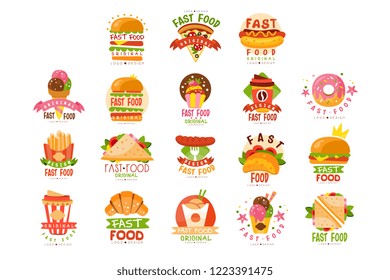 Fast food logos set, food and drink menu, burger, hot dog, pizza, taco, coffee, donut, sandwich, ice cream cone vector Illustrations