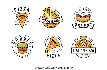 Fast food logos set. Pizza, burger, hot dog emblems for restaurant, cafe menu. Vector illustration