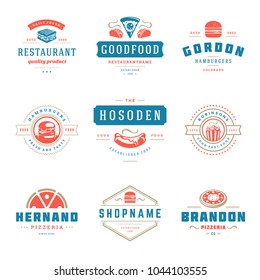 Fast food logos set vector illustration. Good for Pizzeria, burger shop and restaurant menu badges, fast food silhouettes. Retro typography emblems design.