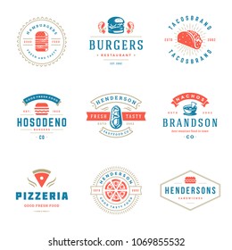 Fast food logos set vector illustration. Good for Pizzeria, burger shop and restaurant menu badges, fast food silhouettes. Retro typography emblems design.