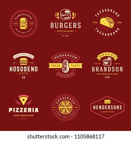 Fast food logos set vector illustration. Good for Pizzeria, burger shop and restaurant menu badges, fast food silhouettes. Retro typography emblems design.