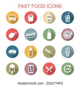 fast food long shadow icons, flat vector symbols