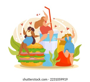 Fast food love, cartoon woman with meal vector illustration. Girl person character eat delicious lunch, snack, dinner. Cute female near junk product