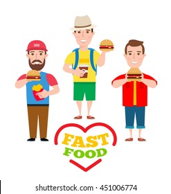 fast food loving concept illustration.young men with burgers fries coffee cup isolated on white background
