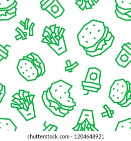 Fast food low poly seamless pattern. Green color on white background.