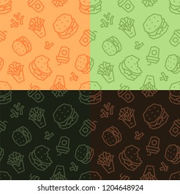 Fast food low poly seamless patterns. Light and dark, 4 variations.